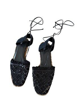 STUART WEITZMAN Black Crochet Wedge Laceup Sandals Size 7.5